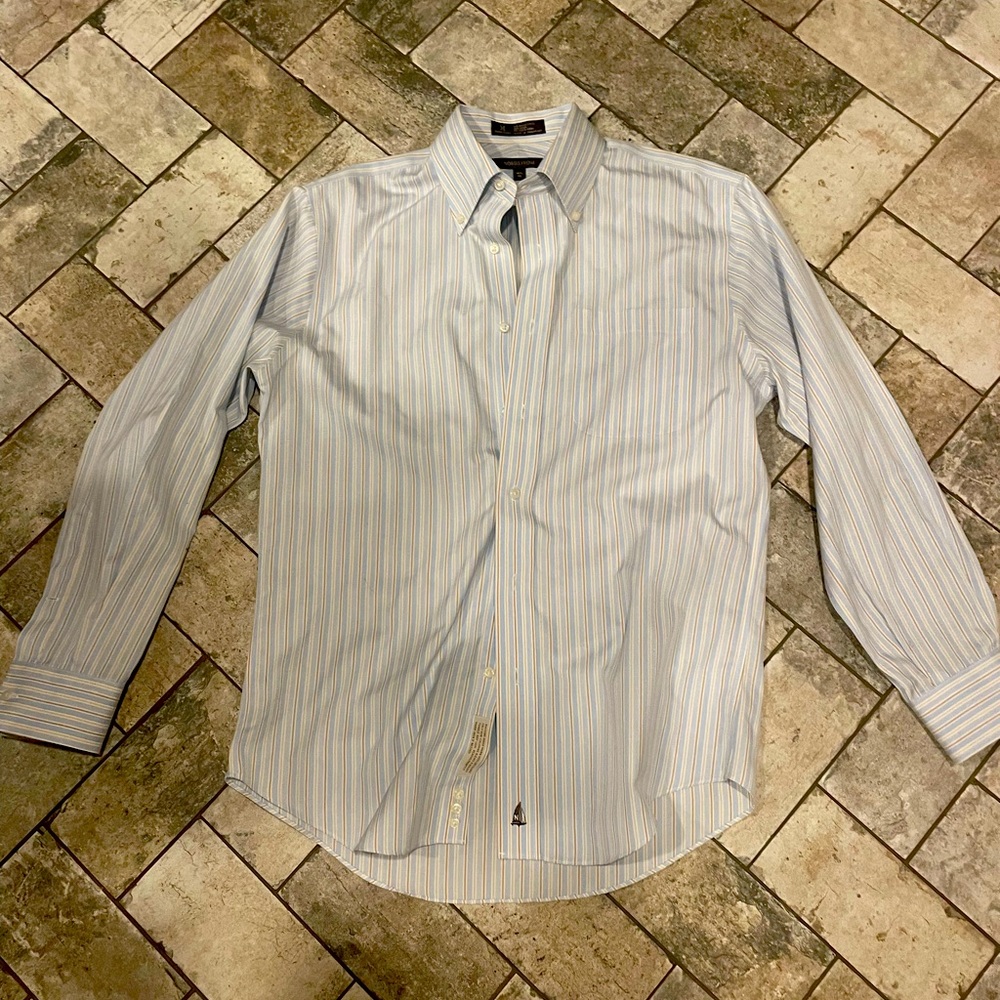 Nordstrom White/Gold/Baby Blue striped button down dress up shirt